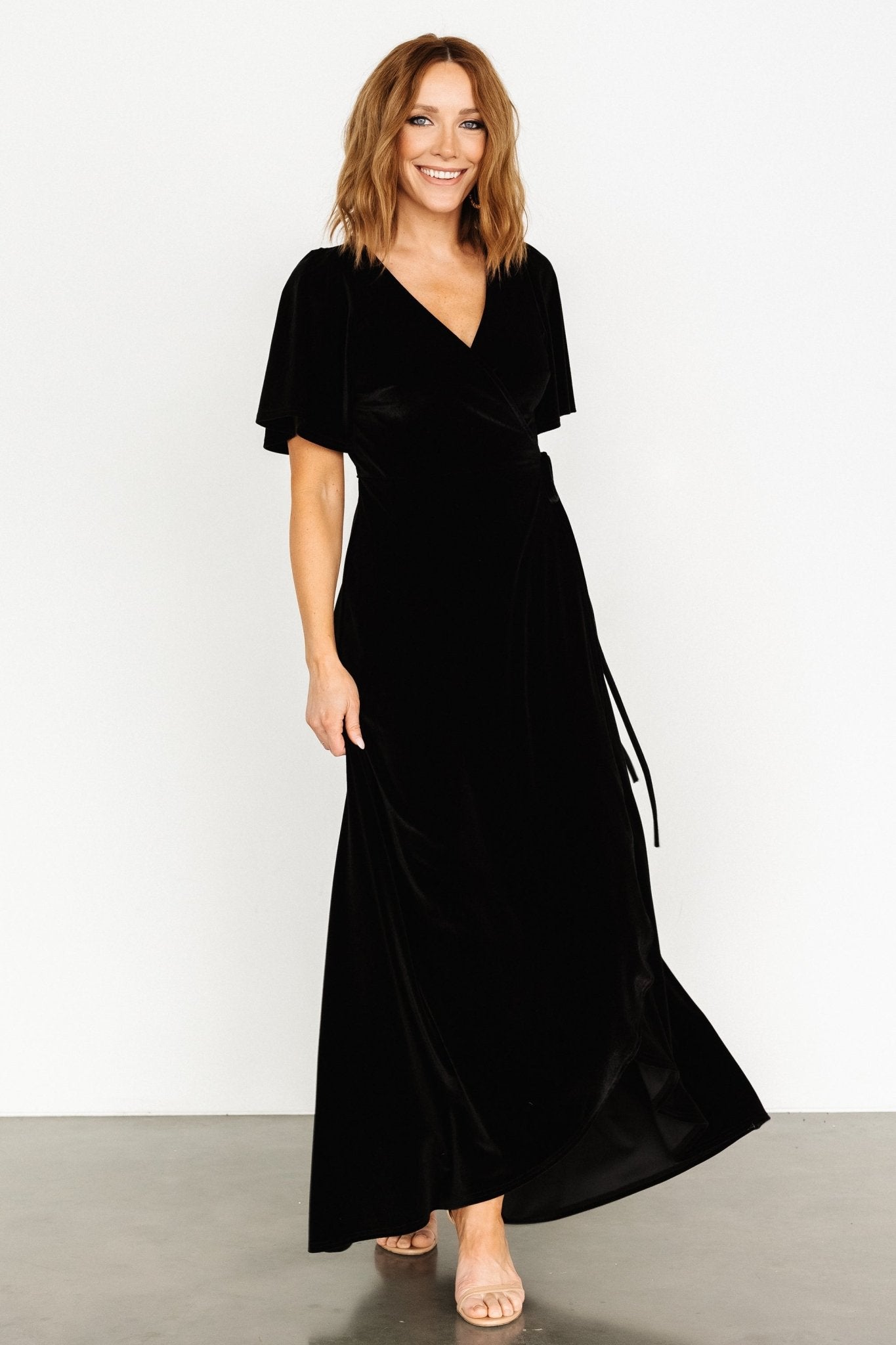 Baltic Born Meghan Black Velvet Maxi Flutter Sleeve Wrap Dress store Women’s Size S