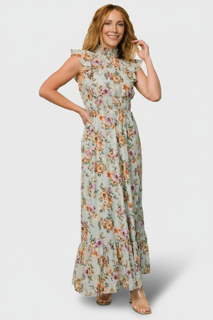 Kearny Ruffle Maxi Dress | Light Blue Floral + Gold Kearny Ruffle Maxi Dress | Light Blue Floral + Gold