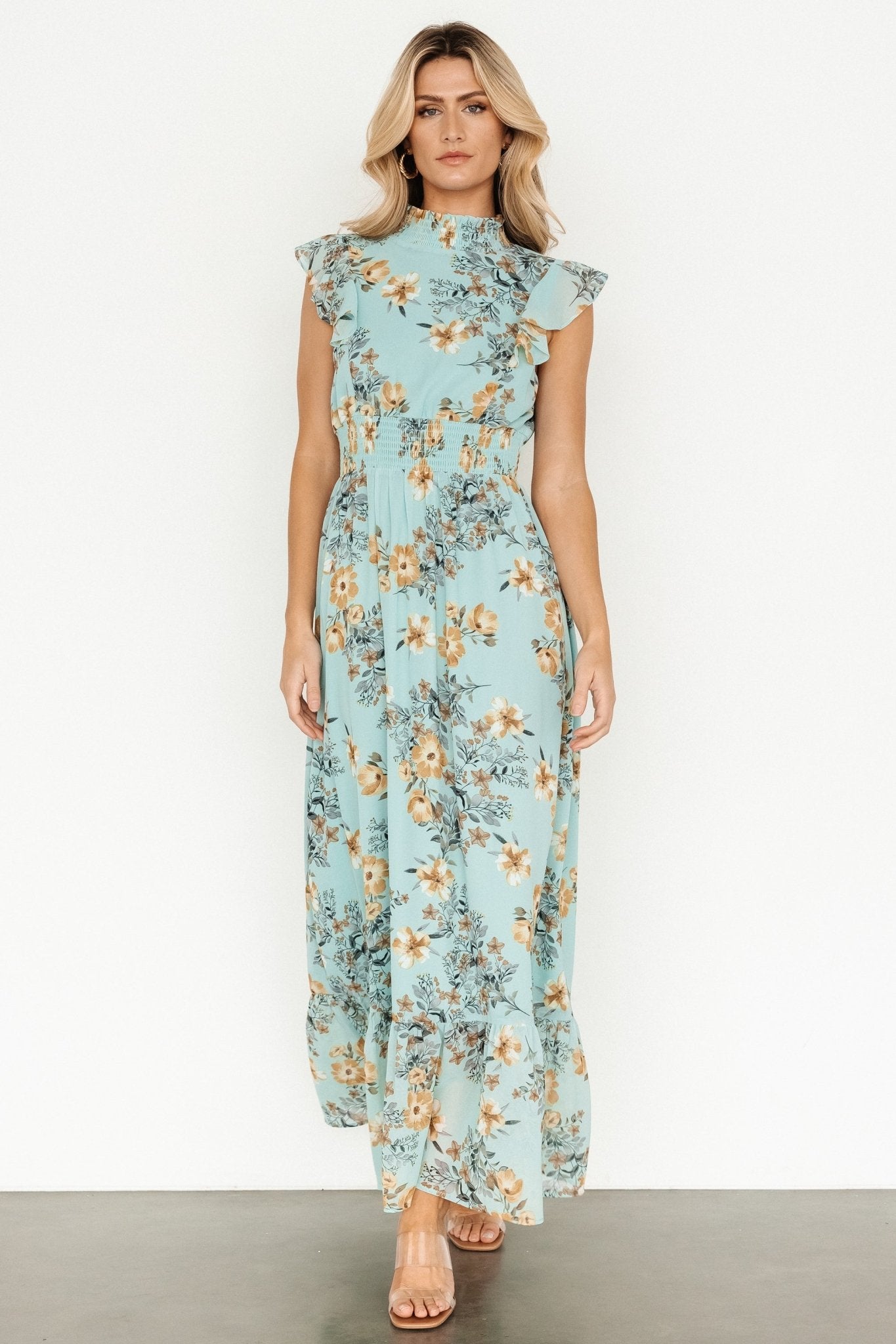 Kearny Ruffle Maxi Dress - Mint Floral Smocked | Baltic Born S Kearny Ruffle Maxi Dress - Mint Floral Smocked | Baltic Born S