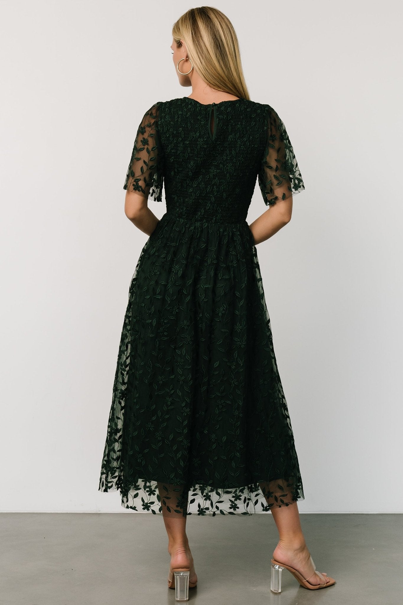 Detail of flutter-style tulle sleeve and embroidered floral motif on the Kendra dress, showing delicate texture and edge finish.