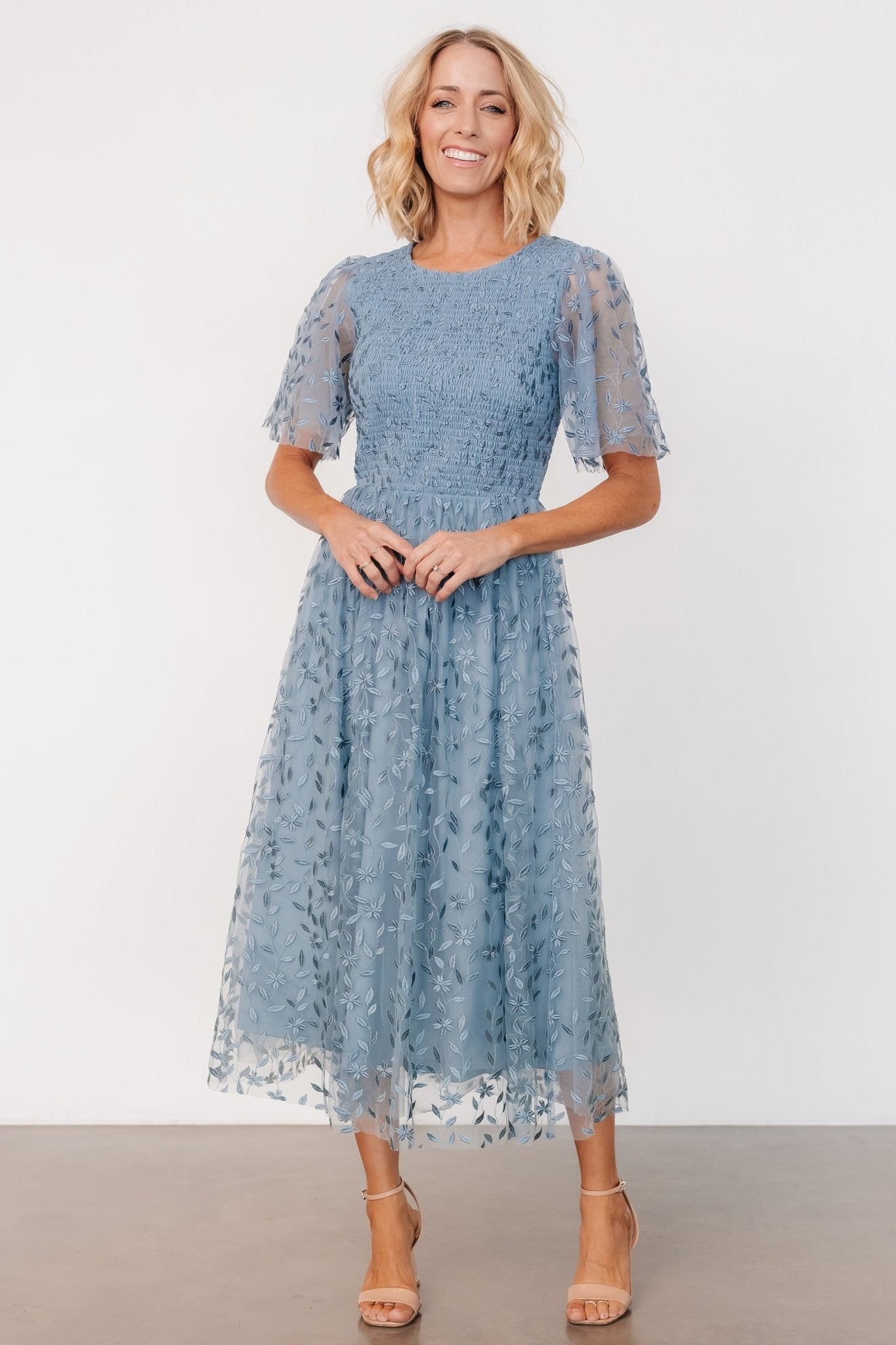 Baltic Born Womens Kendra Embroidered Dress | Dusty Blue | Size: Medium Baltic Born Womens Kendra Embroidered Dress | Dusty Blue | Size: Medium