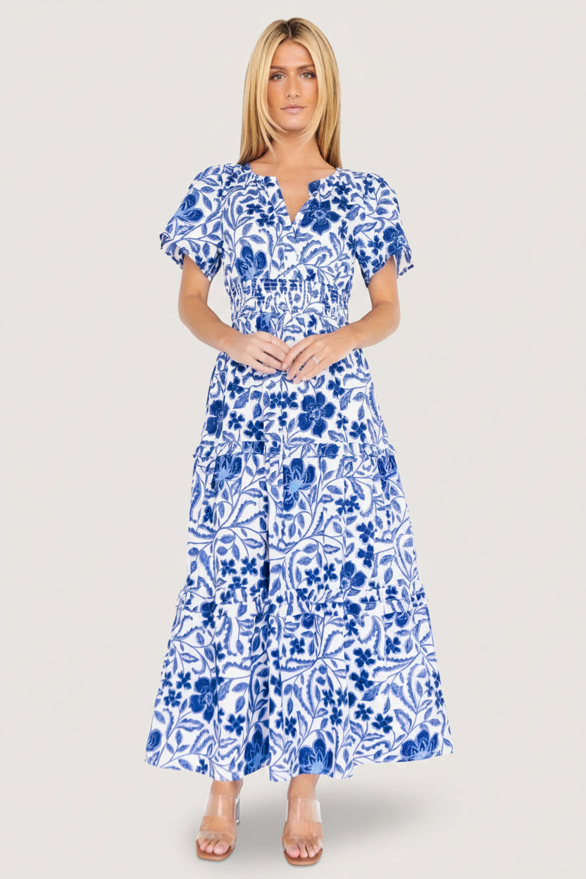 fitted lace wedding dress Baltic Born Womens Kiana Poplin Maxi Dress | Blue Multi