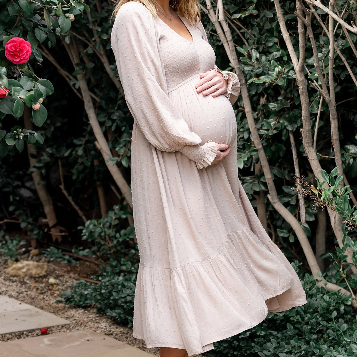 smocked fitted maternity midi dress PinkBlush Black Satin Smocked Fitted Maternity Midi Dress Small