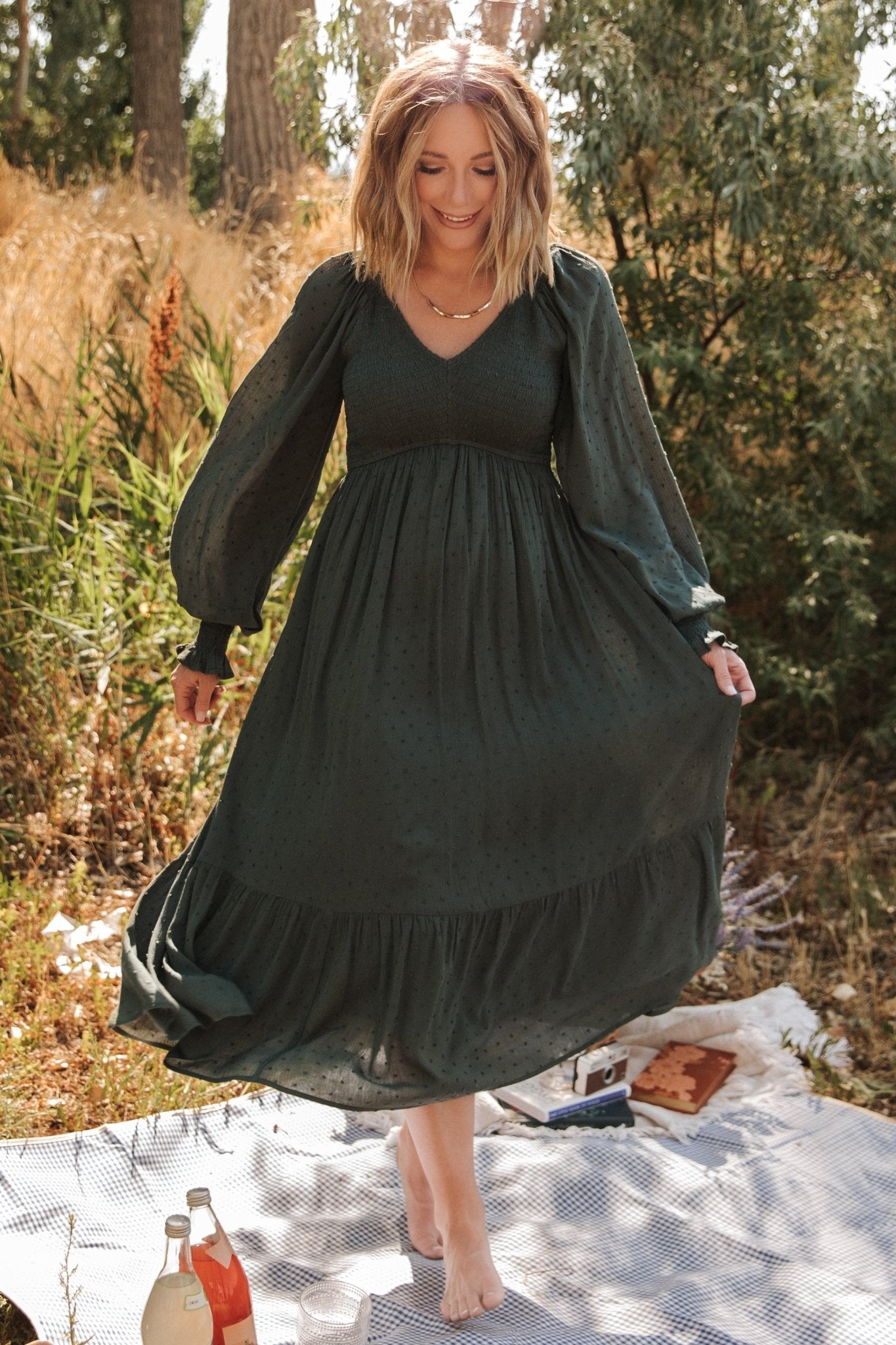 Baltic Born Womens Lainey Smocked Dotted Midi Dress | Deep Olive | Size: Medium Baltic Born Womens Lainey Smocked Dotted Midi Dress | Deep Olive | Size: Medium
