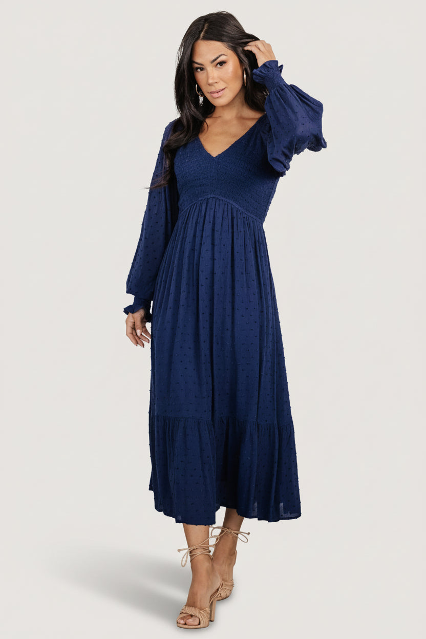 Lainey Smocked Dotted Midi Dress | Midnight Blue Lainey Smocked Dotted Midi Dress | Midnight Blue