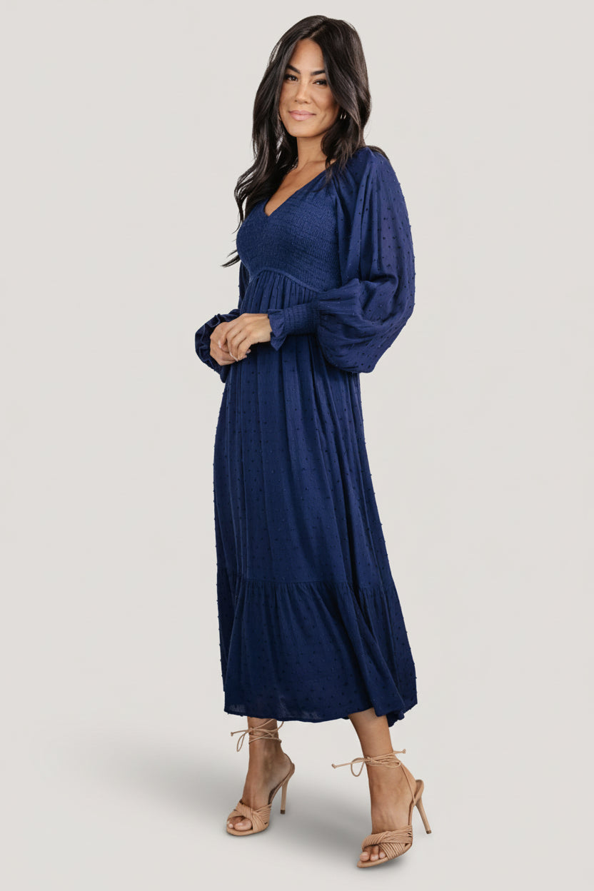Lainey Smocked Dotted Midi Dress | Midnight Blue - Baltic Born
