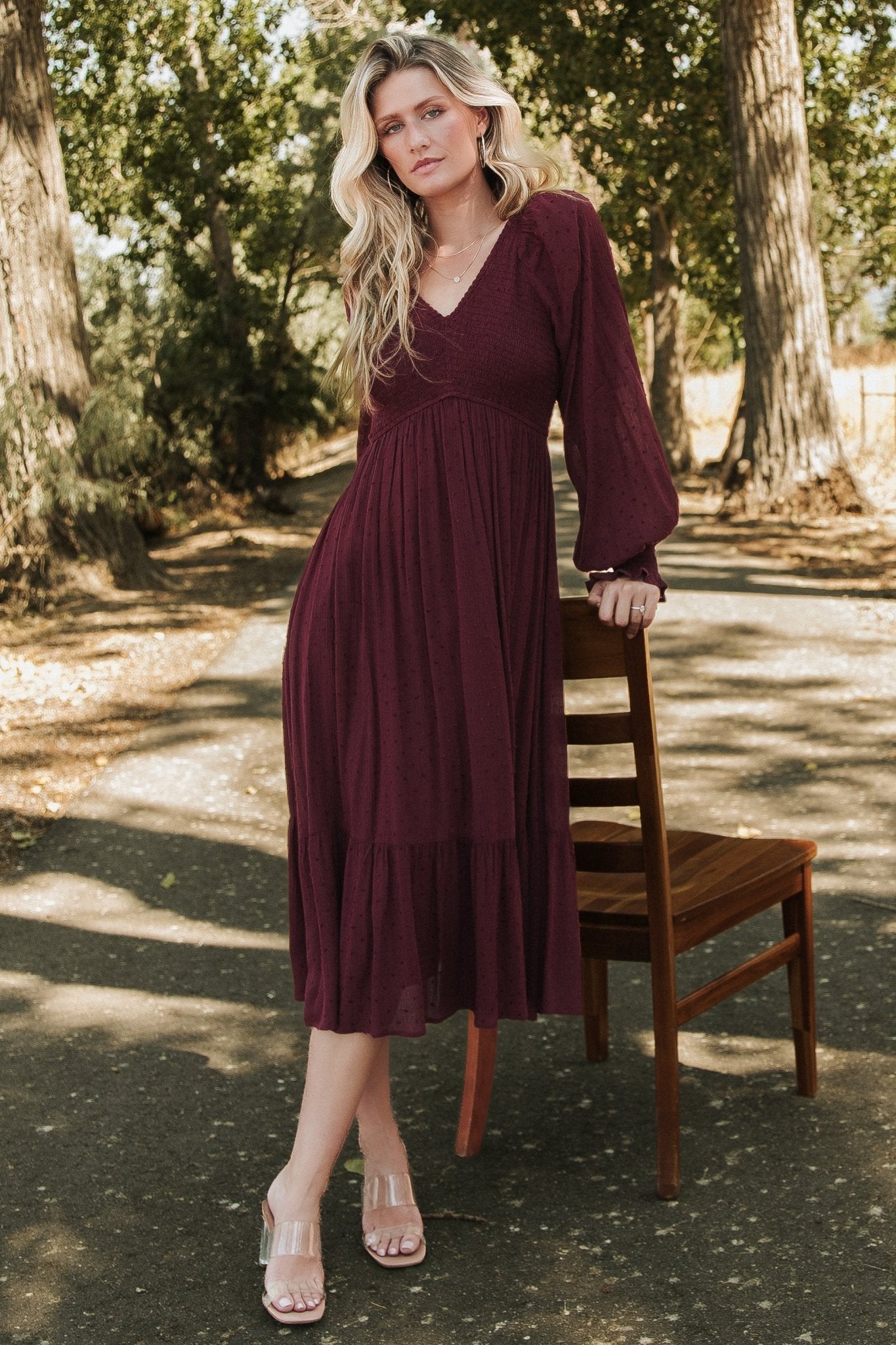 Lainey Smocked Dotted Midi Dress Mulberry