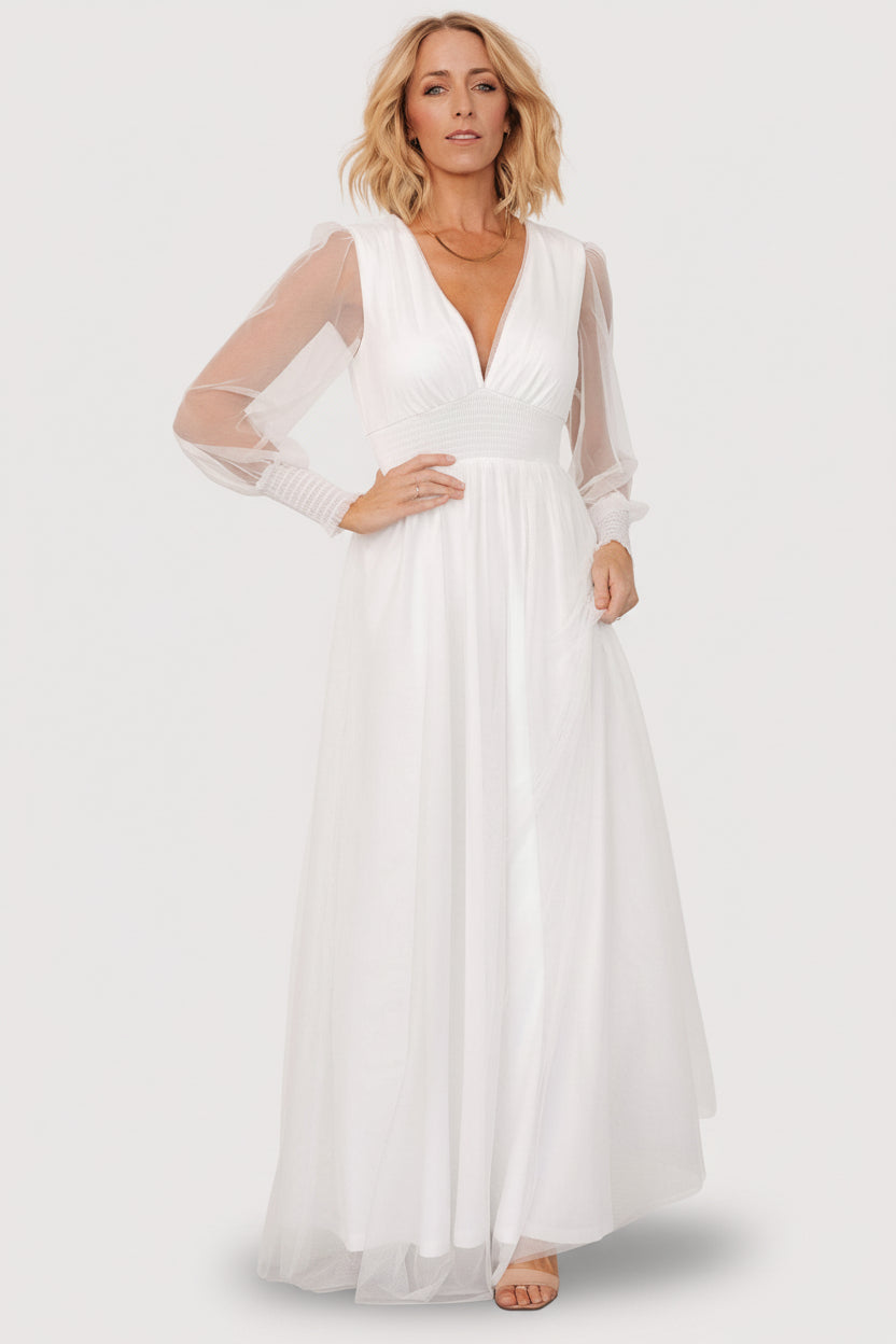 Close-up of sleeve and cuff details on the Layla Tulle Maxi Dress in white, showing smocked cuff finish and sheer tulle layering.