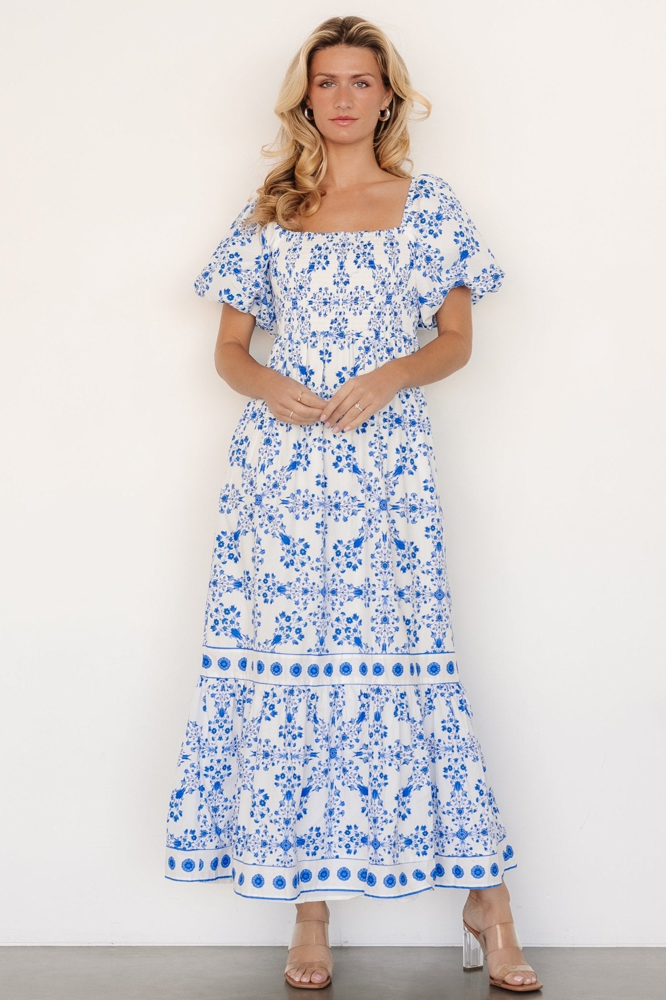 Baltic Born Womens Lexa Smocked Maxi Dress | Off White + Blue Floral | Size: XS Baltic Born Womens Lexa Smocked Maxi Dress | Off White + Blue Floral | Size: XS