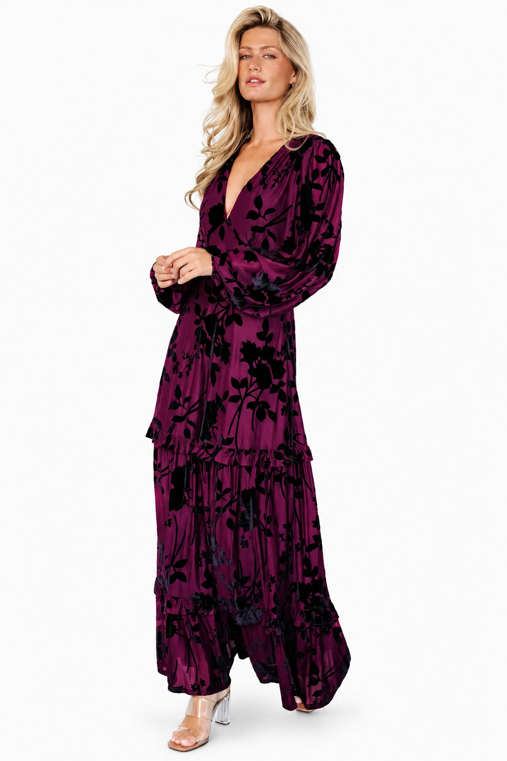 Back and three-quarter view of mulberry embossed velvet maxi dress showing elasticized back waist and overall silhouette.