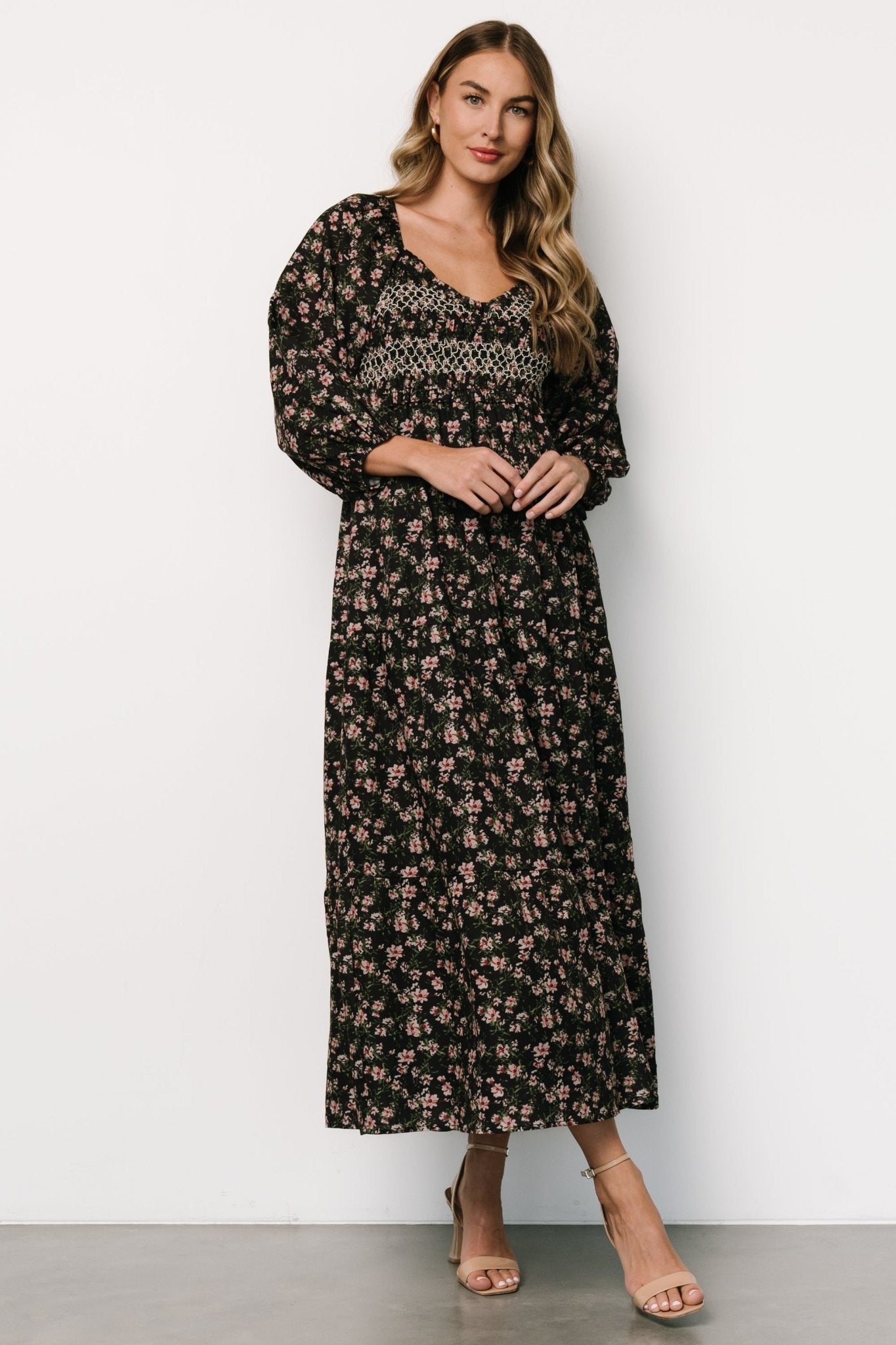 Baltic Born Womens Louisa Smocked Maxi Dress | Black Floral