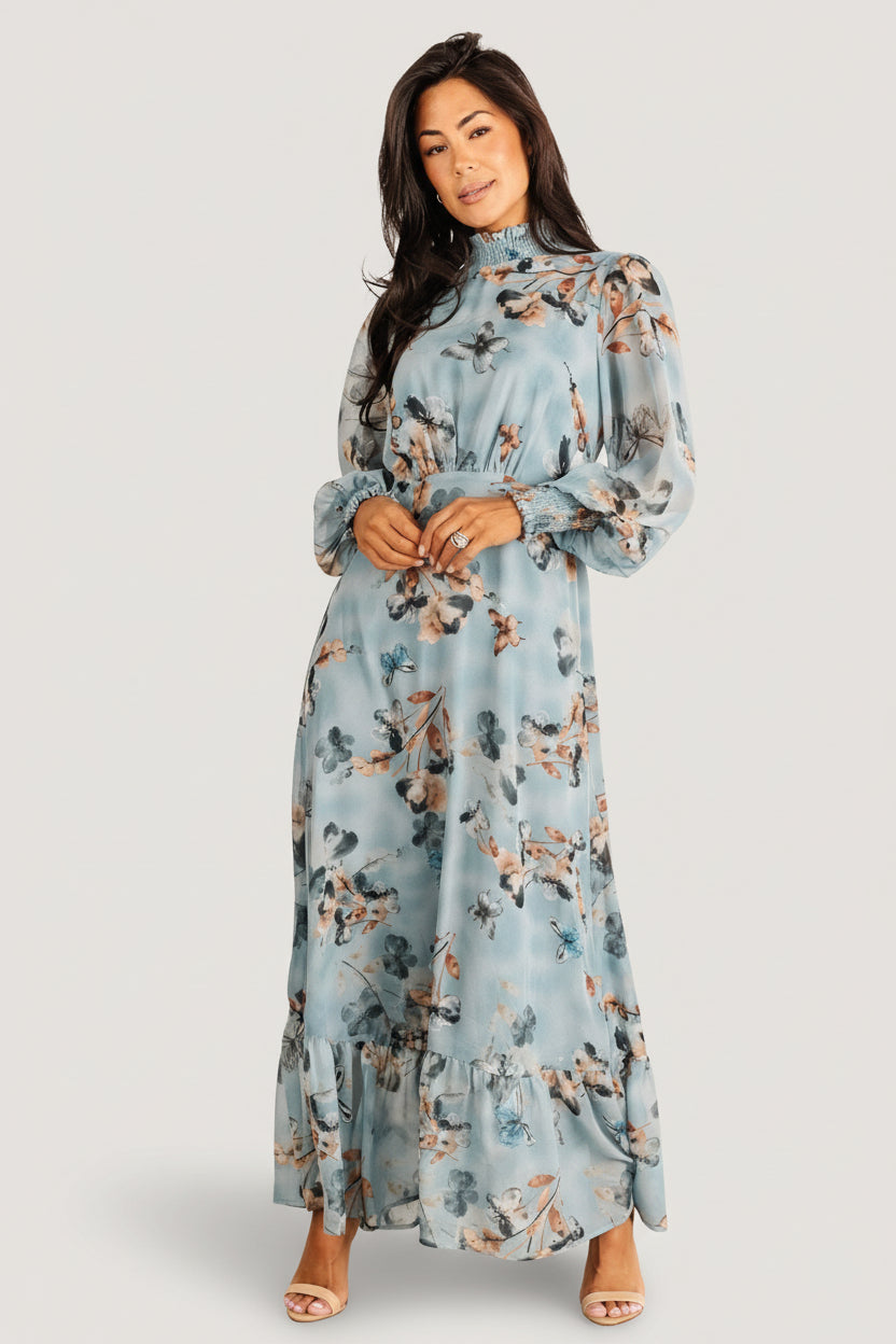 Luciana Smocked Maxi Dress - Cyan Blue Floral | Baltic Born XS Luciana Smocked Maxi Dress - Cyan Blue Floral | Baltic Born XS