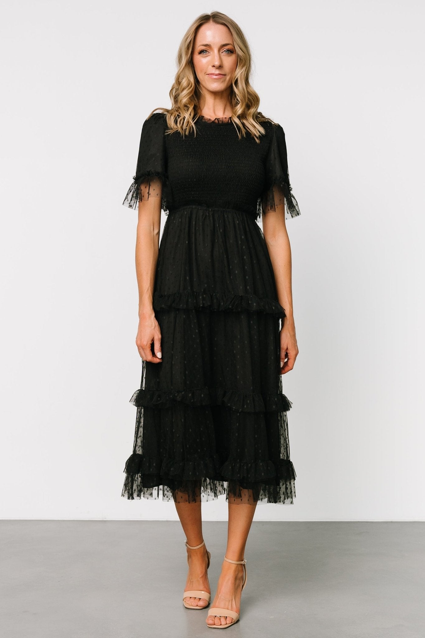Close-up of Lysandra Smocked Dot Dress in black highlighting smocked bodice, polka-dot tulle overlay, and delicate ruffle trim at neckline and sleeves.