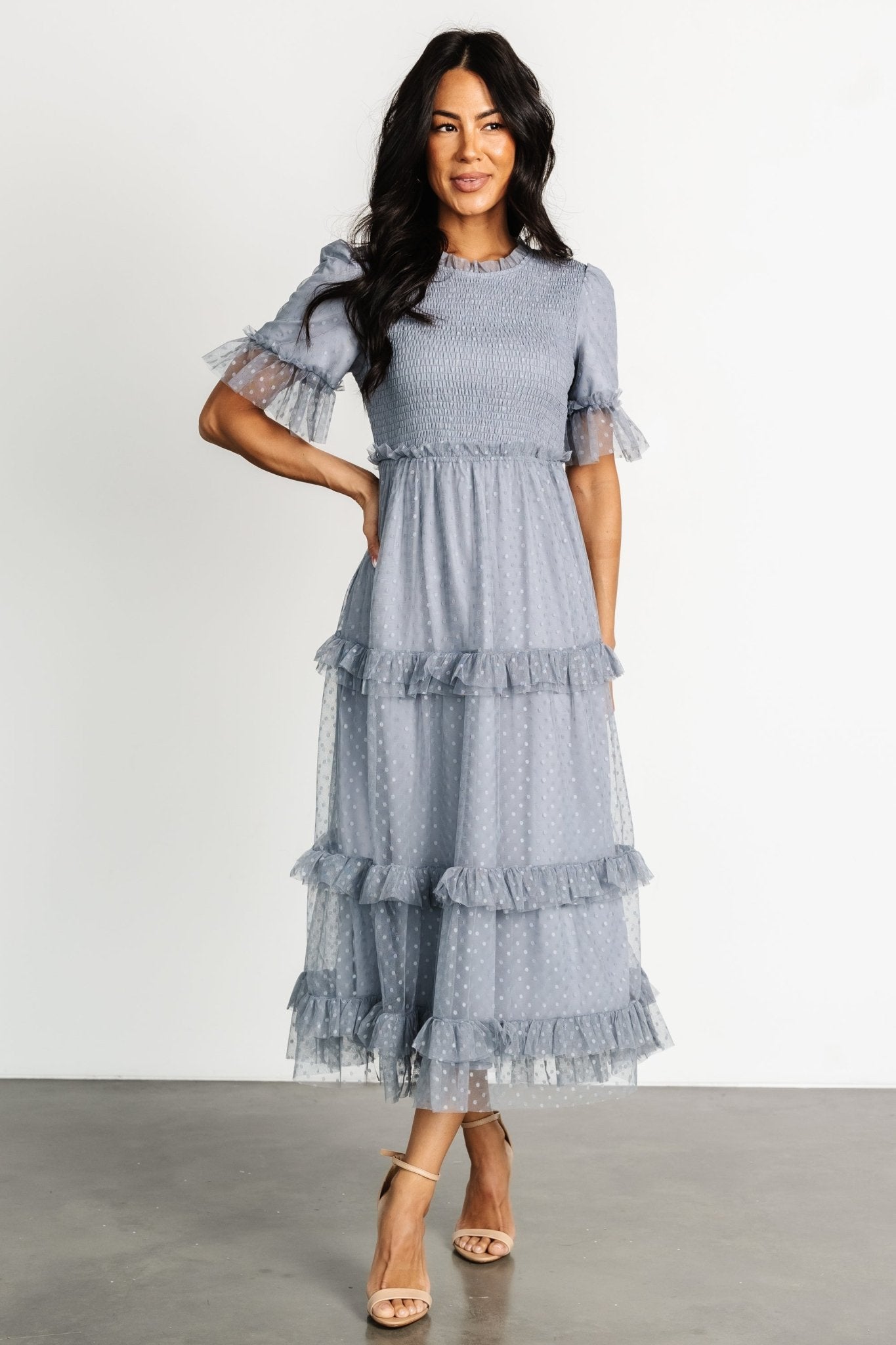 Baltic Born Womens Lysandra Smocked Dot Dress | Dusty Slate
