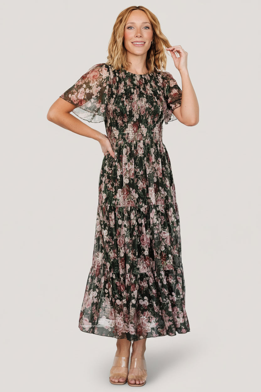 Baltic Born Womens Mara Embroidered Tulle Dress | Dark Green + Blush Floral | Size: 3XL Baltic Born Womens Mara Embroidered Tulle Dress | Dark Green + Blush Floral | Size: 3XL