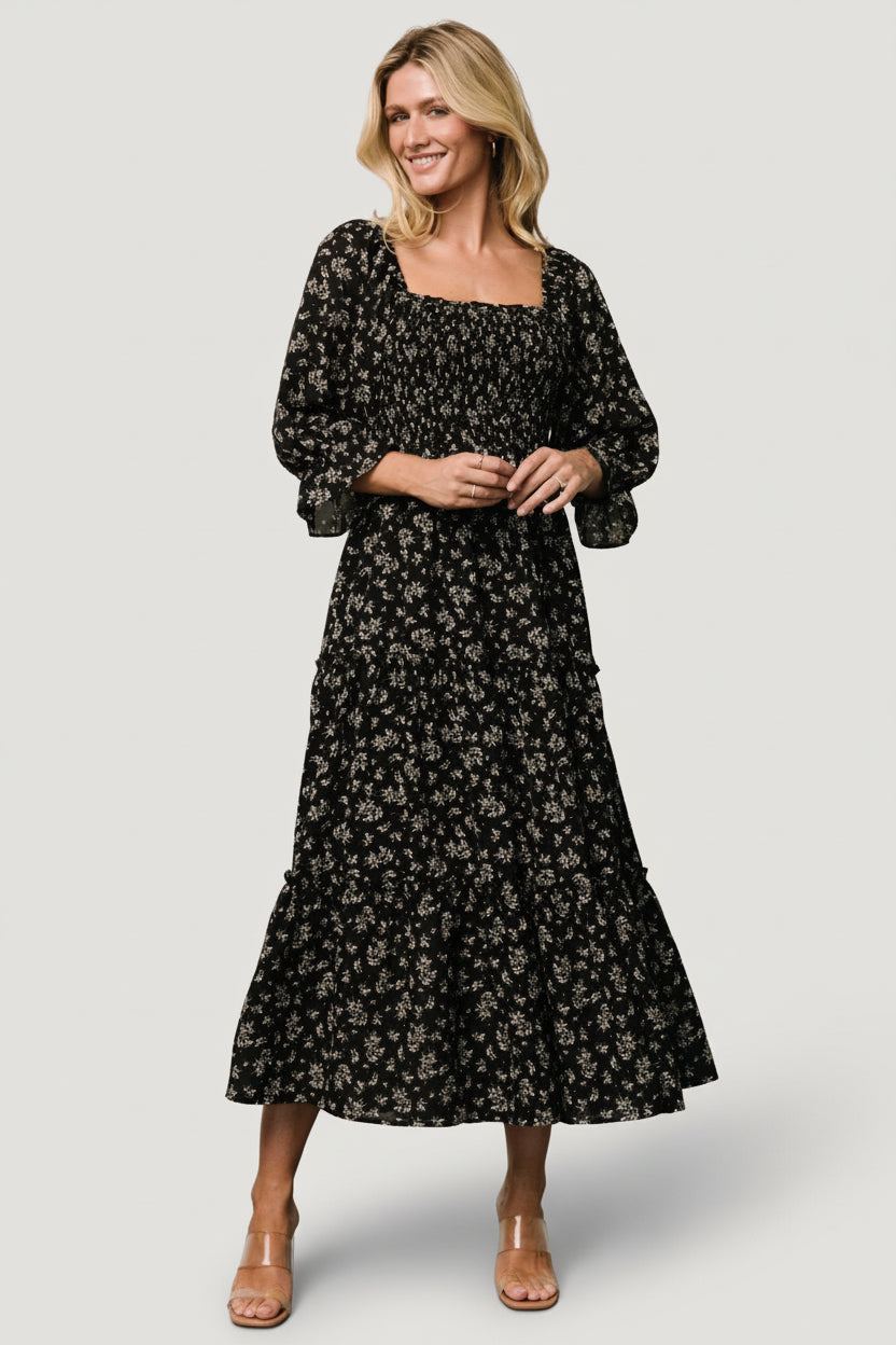 Baltic Born Womens Margareta Tiered Dress | Black Floral | Size: Large Baltic Born Womens Margareta Tiered Dress | Black Floral | Size: Large