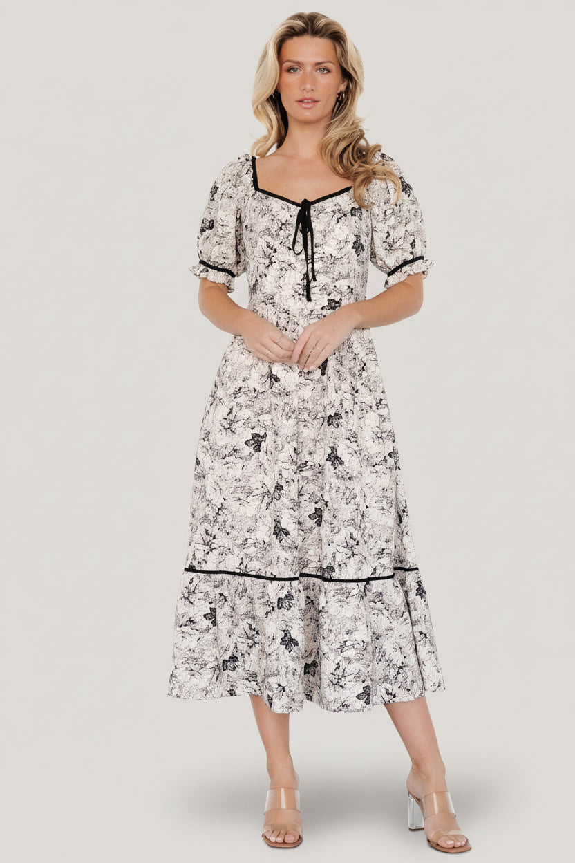 Baltic Born Womens Mariana Midi Dress | Cream + Black Floral | Size: Small Baltic Born Womens Mariana Midi Dress | Cream + Black Floral | Size: Small