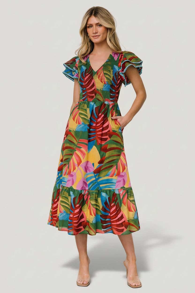 flattering midi dresses Baltic Born Womens Marielle Smocked Midi Dress | Multi Print