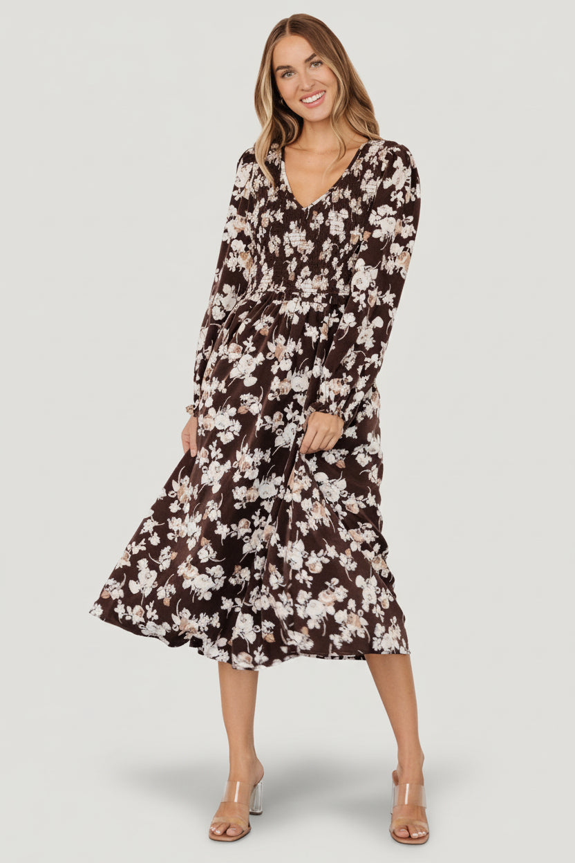 Matilda Smocked Midi Dress Brown Floral | Baltic Born S Matilda Smocked Midi Dress Brown Floral | Baltic Born S