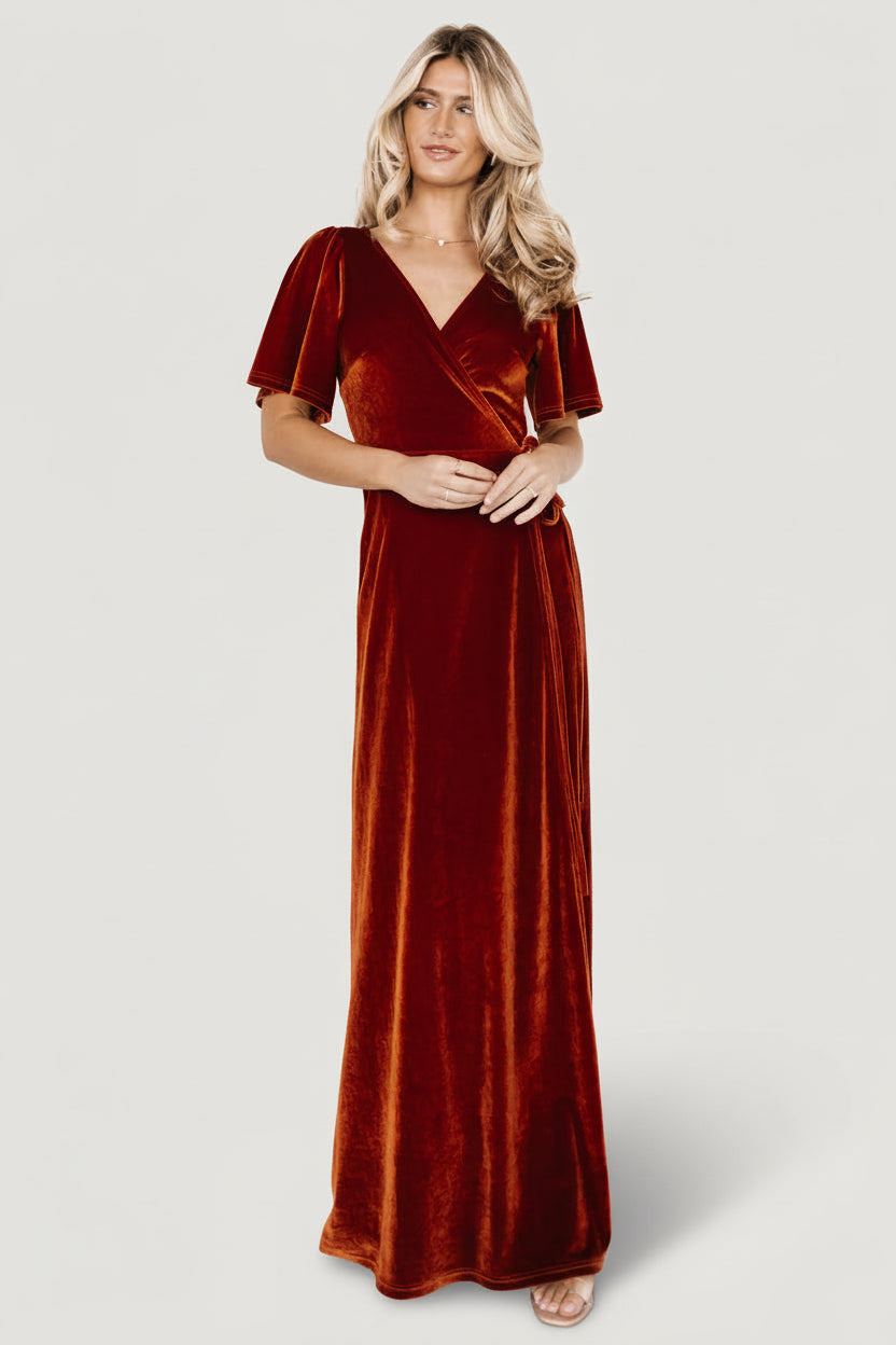 Baltic Born Womens Meghan Velvet Wrap Maxi Dress | Rust | Size: Small Baltic Born Womens Meghan Velvet Wrap Maxi Dress | Rust | Size: Small