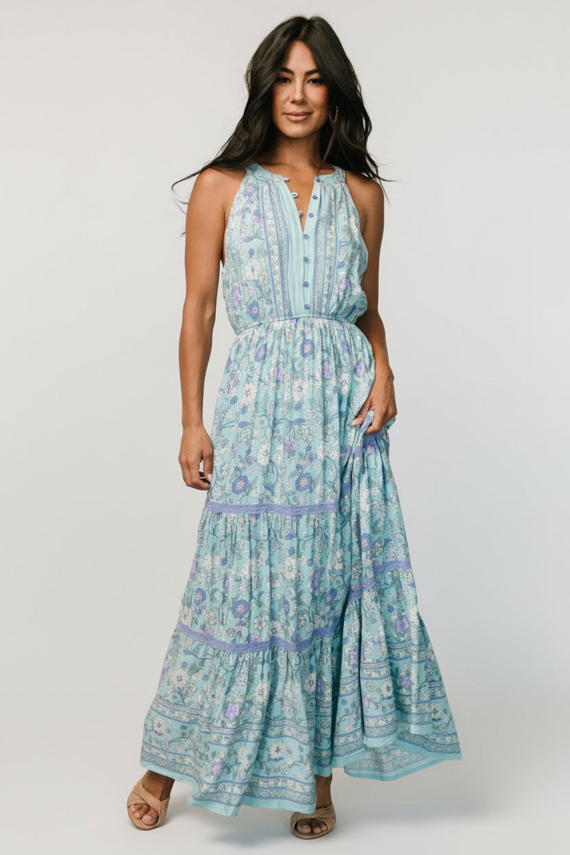 Baltic Born Womens Meline Button Front Maxi Dress | Light Blue Multi