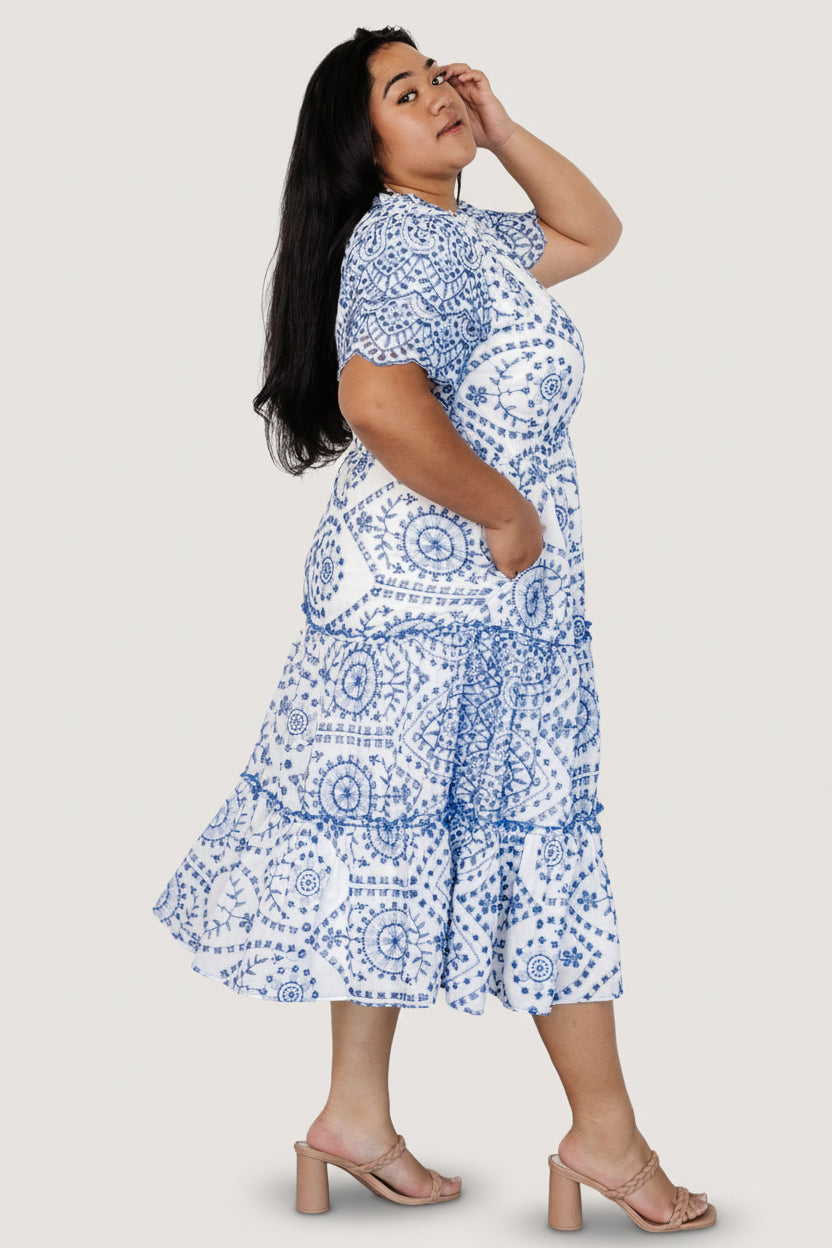 Mirabel Eyelet Midi Dress | White + Blue - Baltic Born