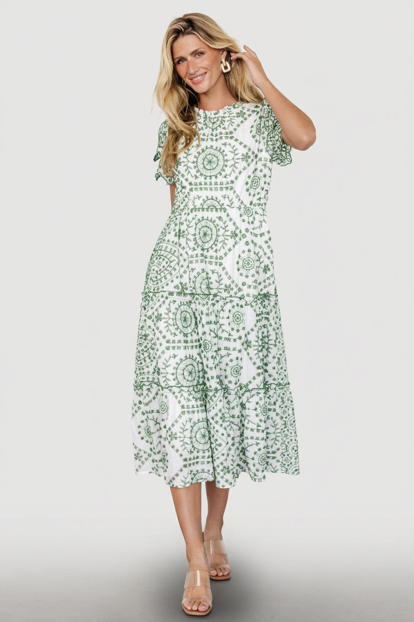 Mirabel Eyelet Midi Dress White & Green | Baltic Born L Mirabel Eyelet Midi Dress White & Green | Baltic Born L