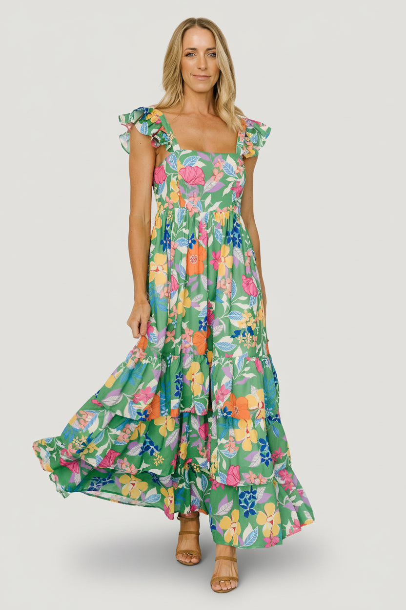 Baltic Born Womens Monte Tiered Maxi Dress | Green Multi