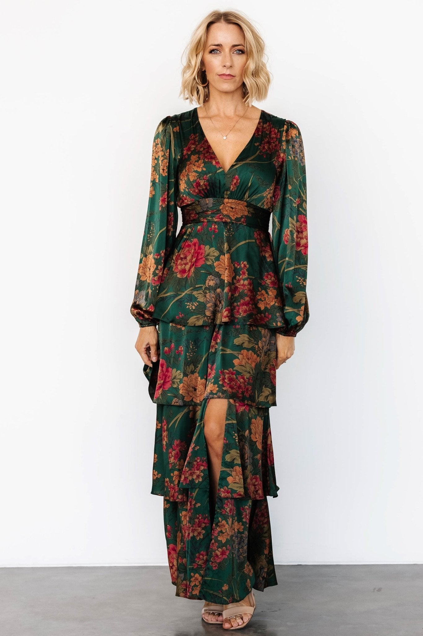 Montrouge Tiered Satin Dress Emerald Floral - Main Image