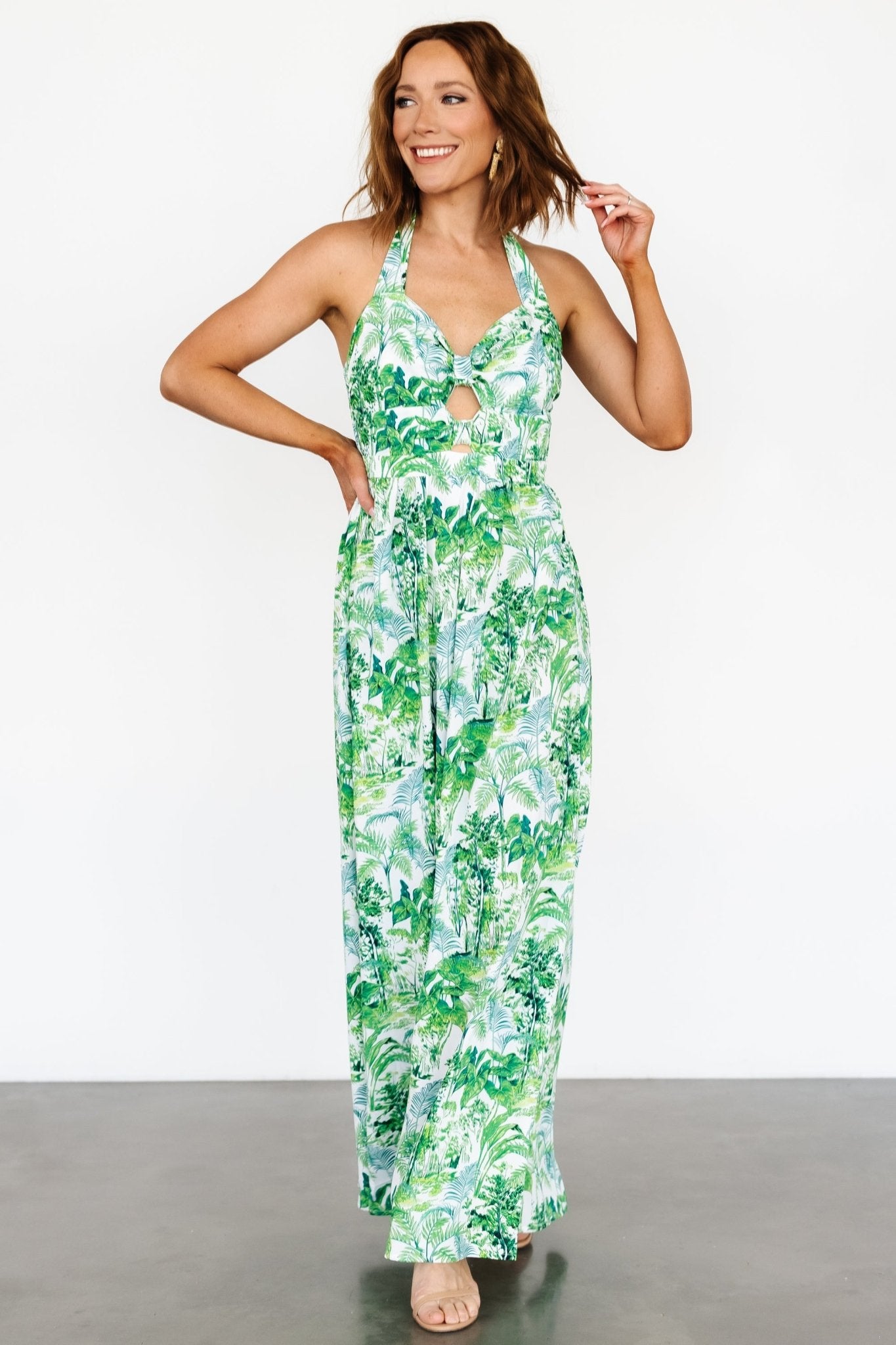 Myra Halter Jumpsuit, Green Print