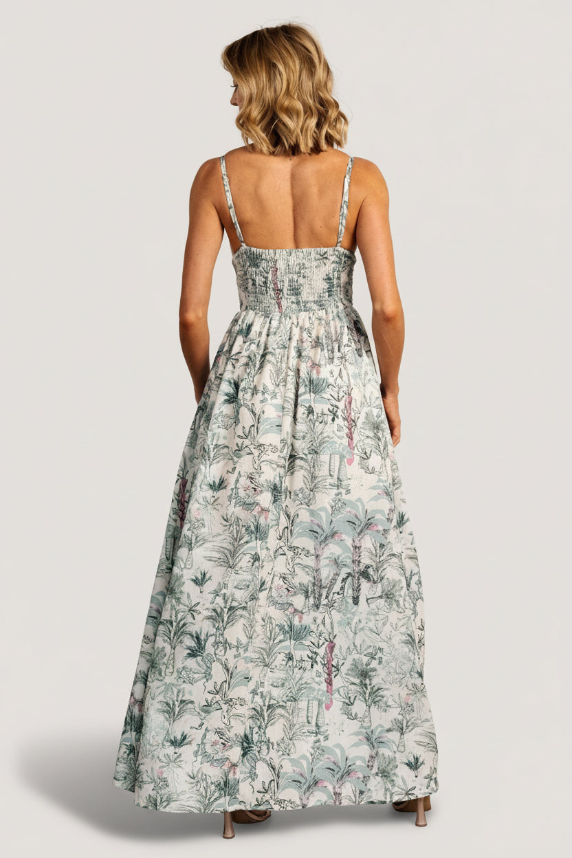 Fabric and print detail of Naia Maxi Dress showing tropical sage motifs with pink and lavender accents on medium-weight woven polyester.