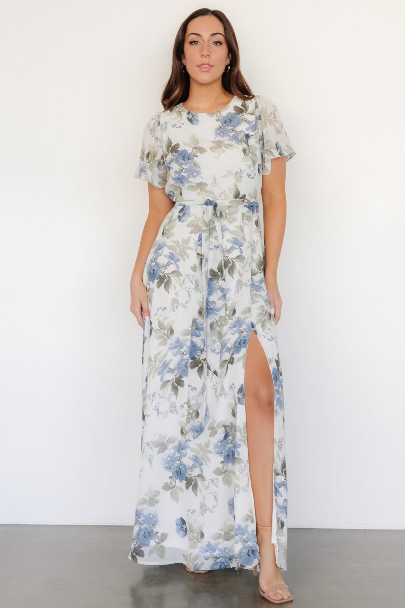 naomi short sleeve maxi dress Naomi Short Sleeve Dress - Blue, Botanical Flourish Mono