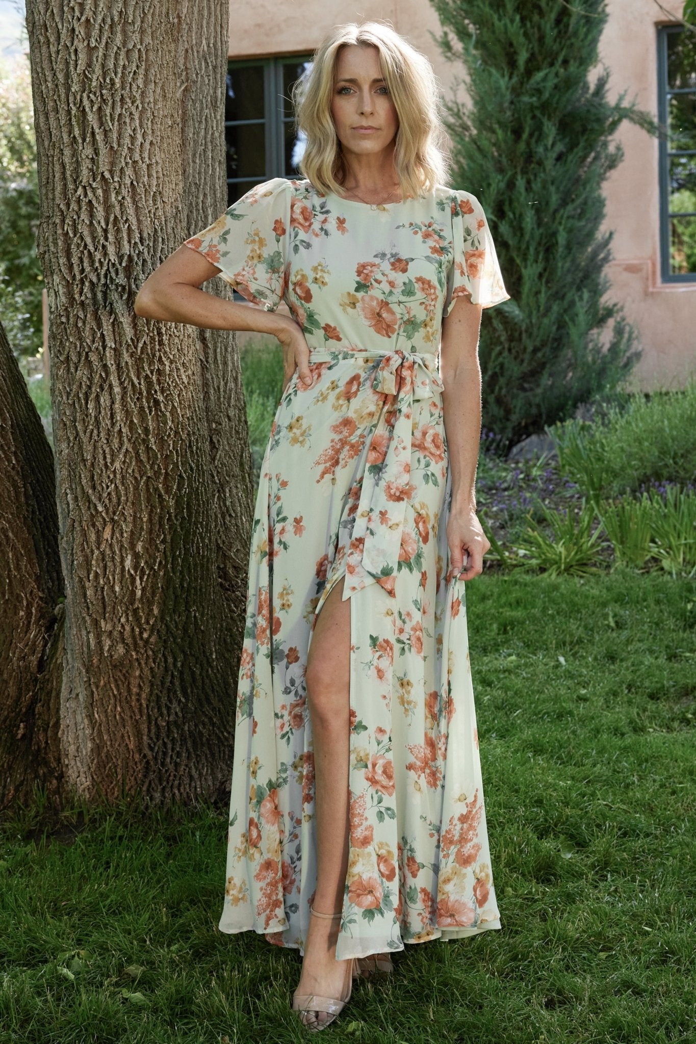Naomi Short Sleeve Maxi Dress Sage Floral - Main Image