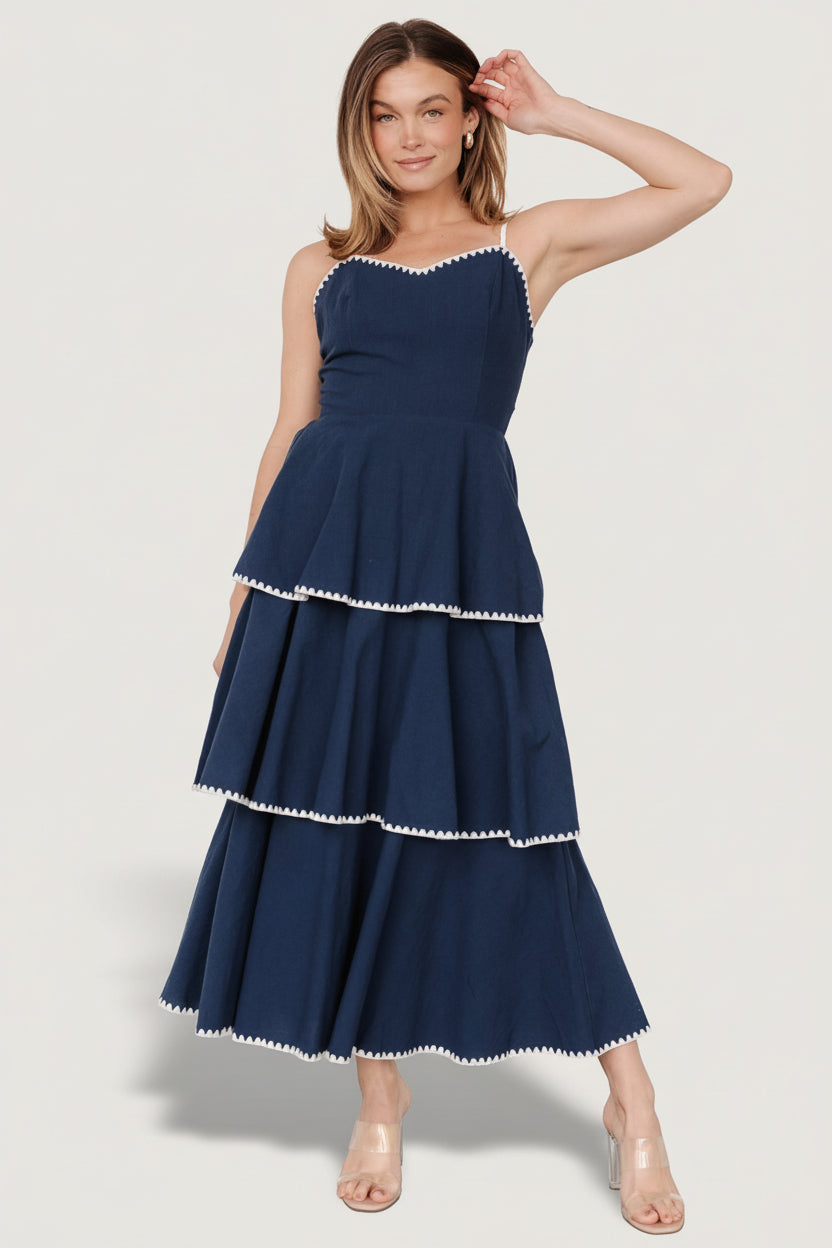Baltic Born Womens Odette Tiered Dress | Navy + White | Size: XL Baltic Born Womens Odette Tiered Dress | Navy + White | Size: XL