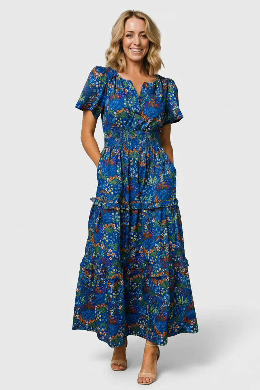 Palmer Tiered Maxi Dress Cobalt Multi Floral | Baltic Born XS Palmer Tiered Maxi Dress Cobalt Multi Floral | Baltic Born XS