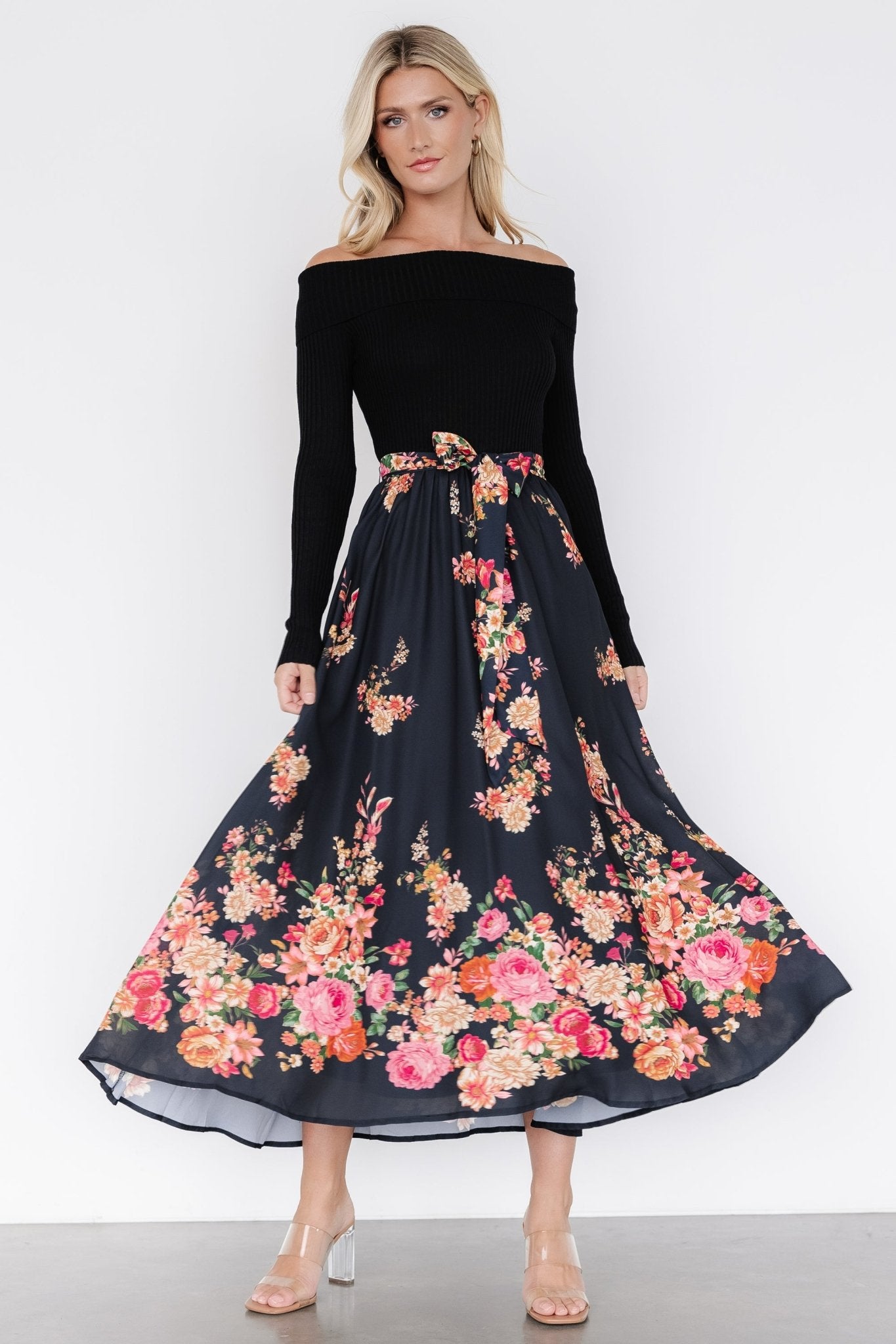 Qadira Off Shoulder Dress | Black + Multi Floral Qadira Off Shoulder Dress | Black + Multi Floral