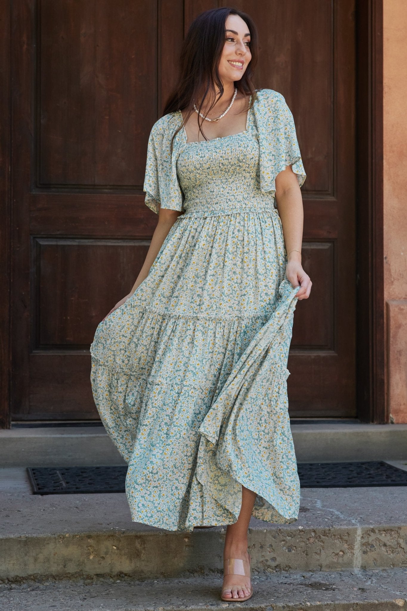 Regina Smocked Maxi Dress Green Floral - Main Image