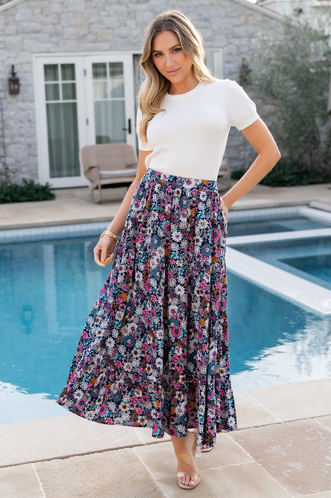 Reilly Maxi Skirt Navy Flower Print