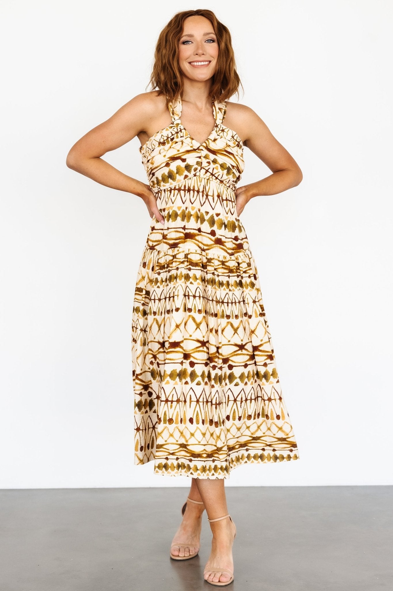 Seraphina Open Back Midi Dress | Tan Multi Seraphina Open Back Midi Dress | Tan Multi