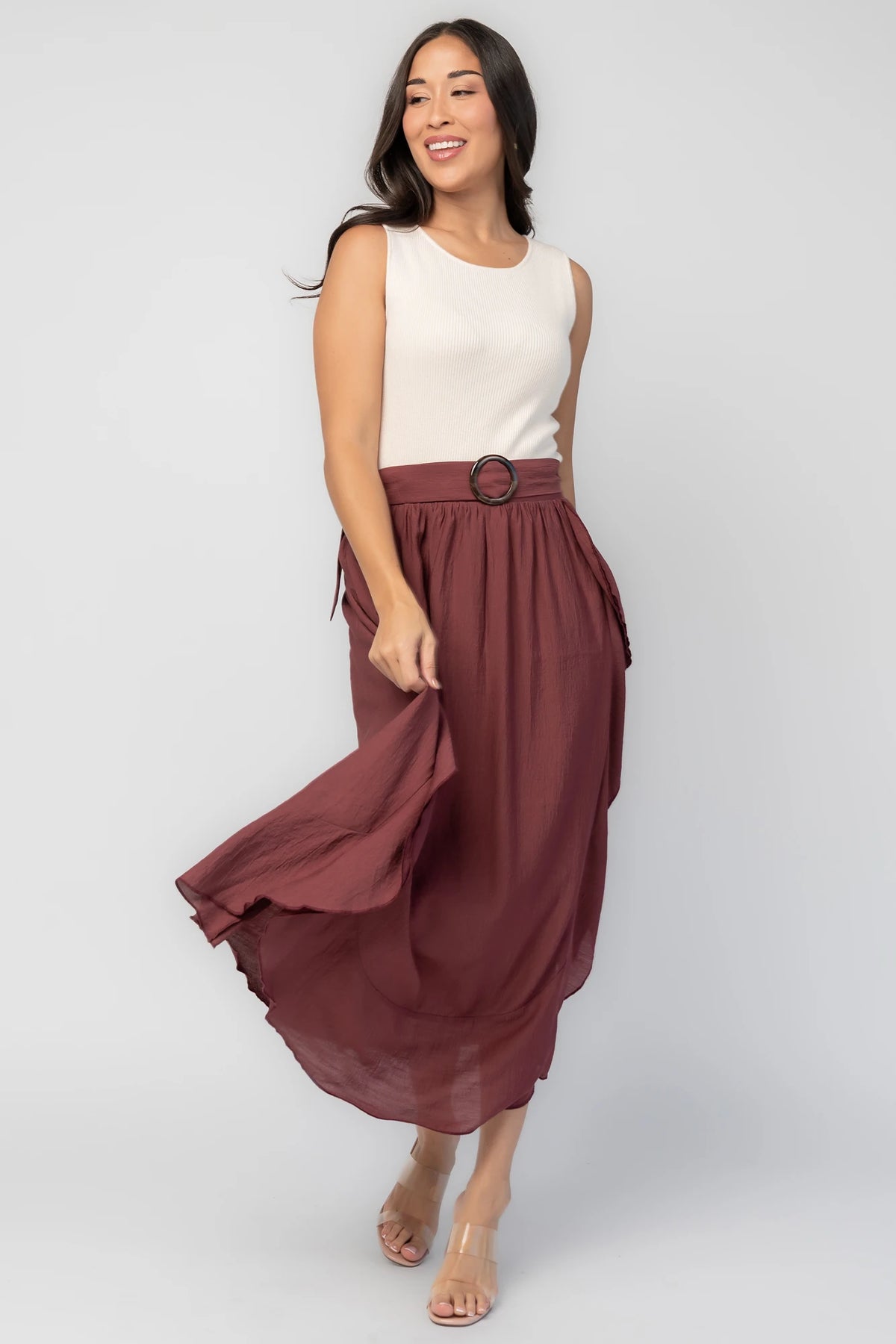 Stacy Midi Dress in Ivory + Mahogany with ribbed knit bodice, scoop neckline, waist sash, and flowing midi skirt.