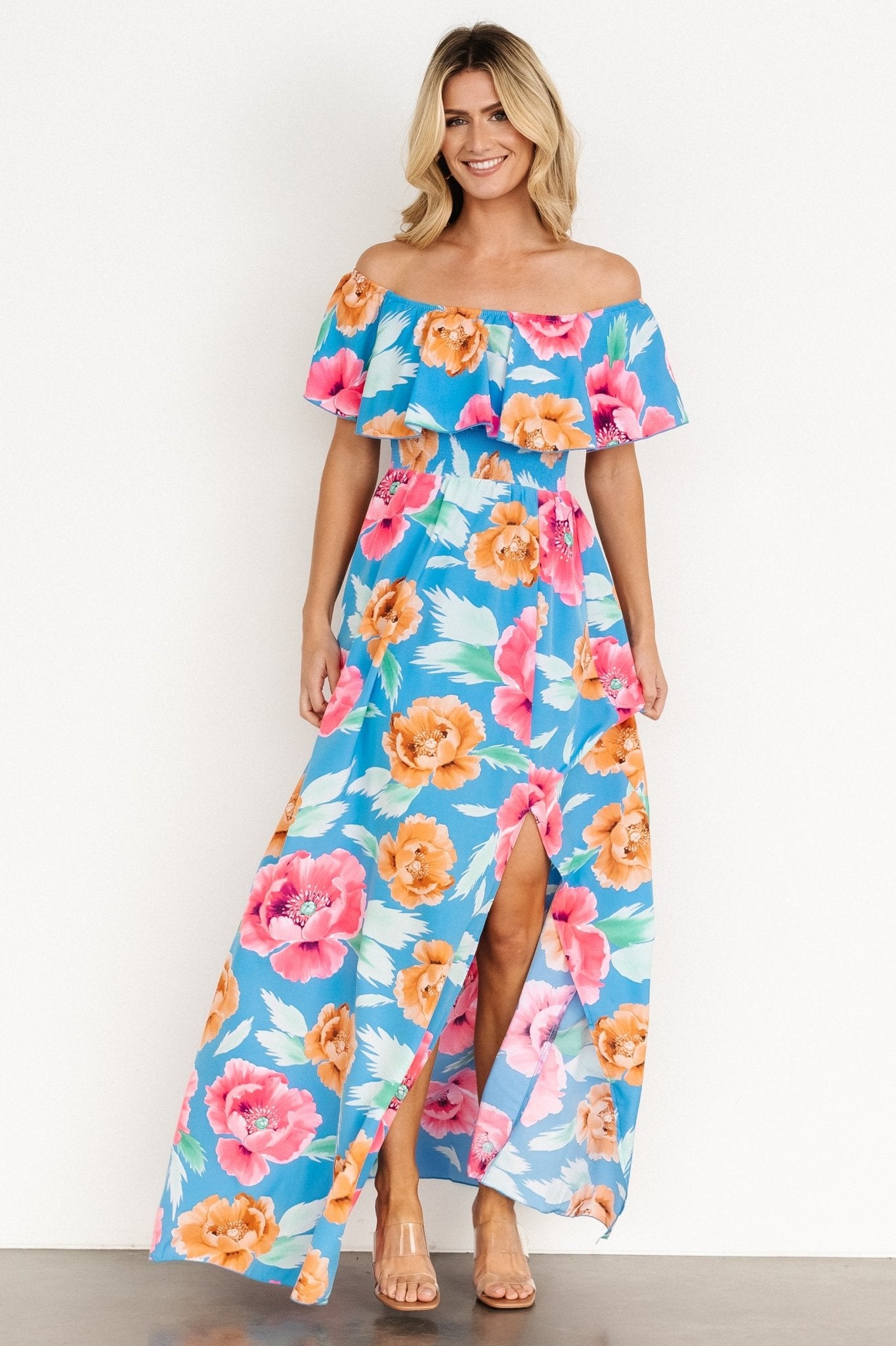 Talia Off-Shoulder Maxi Sea Blue Floral | Baltic Born S Talia Off-Shoulder Maxi Sea Blue Floral | Baltic Born S