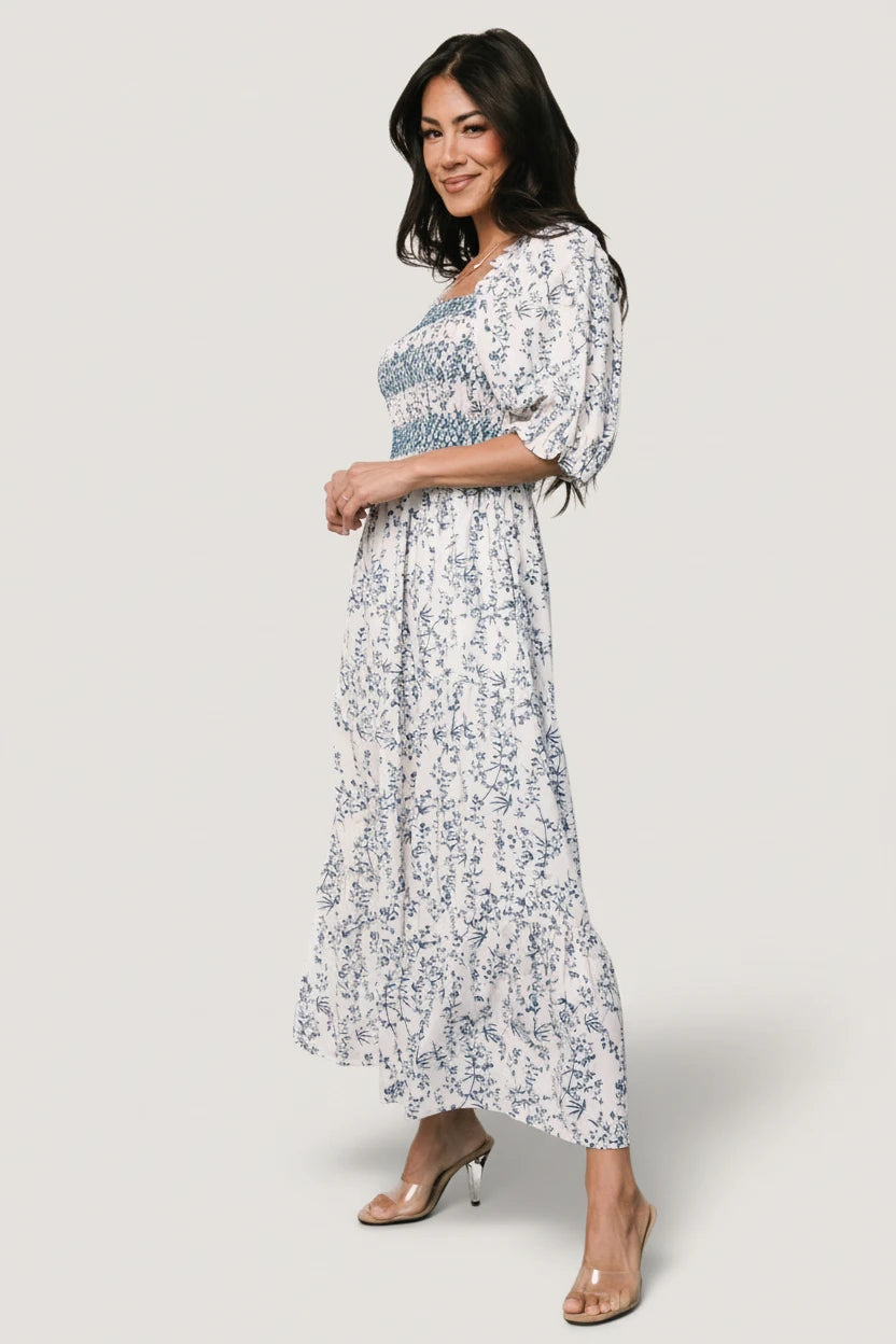 Tulsa Smocked Dress - Off White & Blue | Baltic Born M