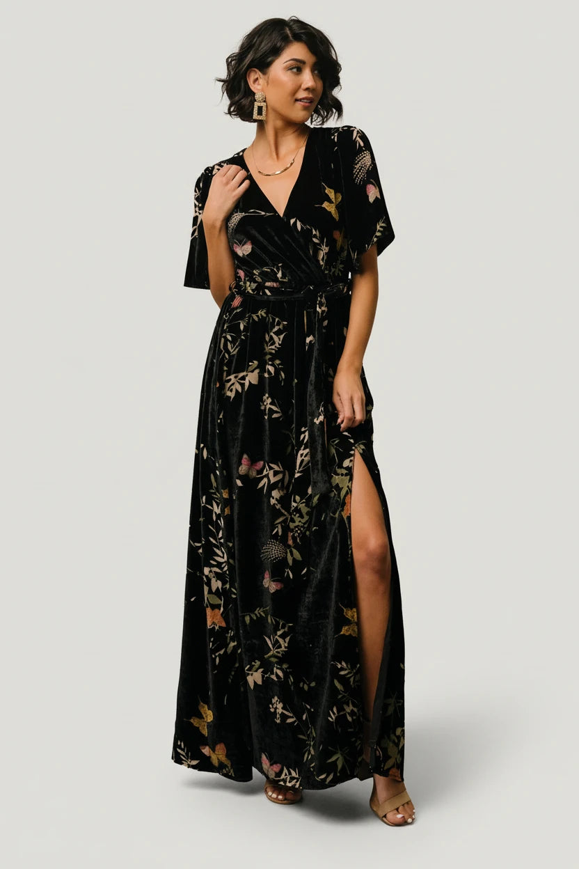 Baltic Born Womens Uma Velvet Maxi Dress | Black Butterfly Print | Size: Xs