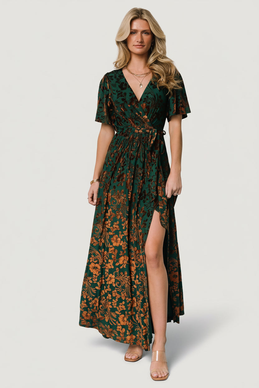 Uma Velvet Maxi Dress — Bronze & Jade Floral