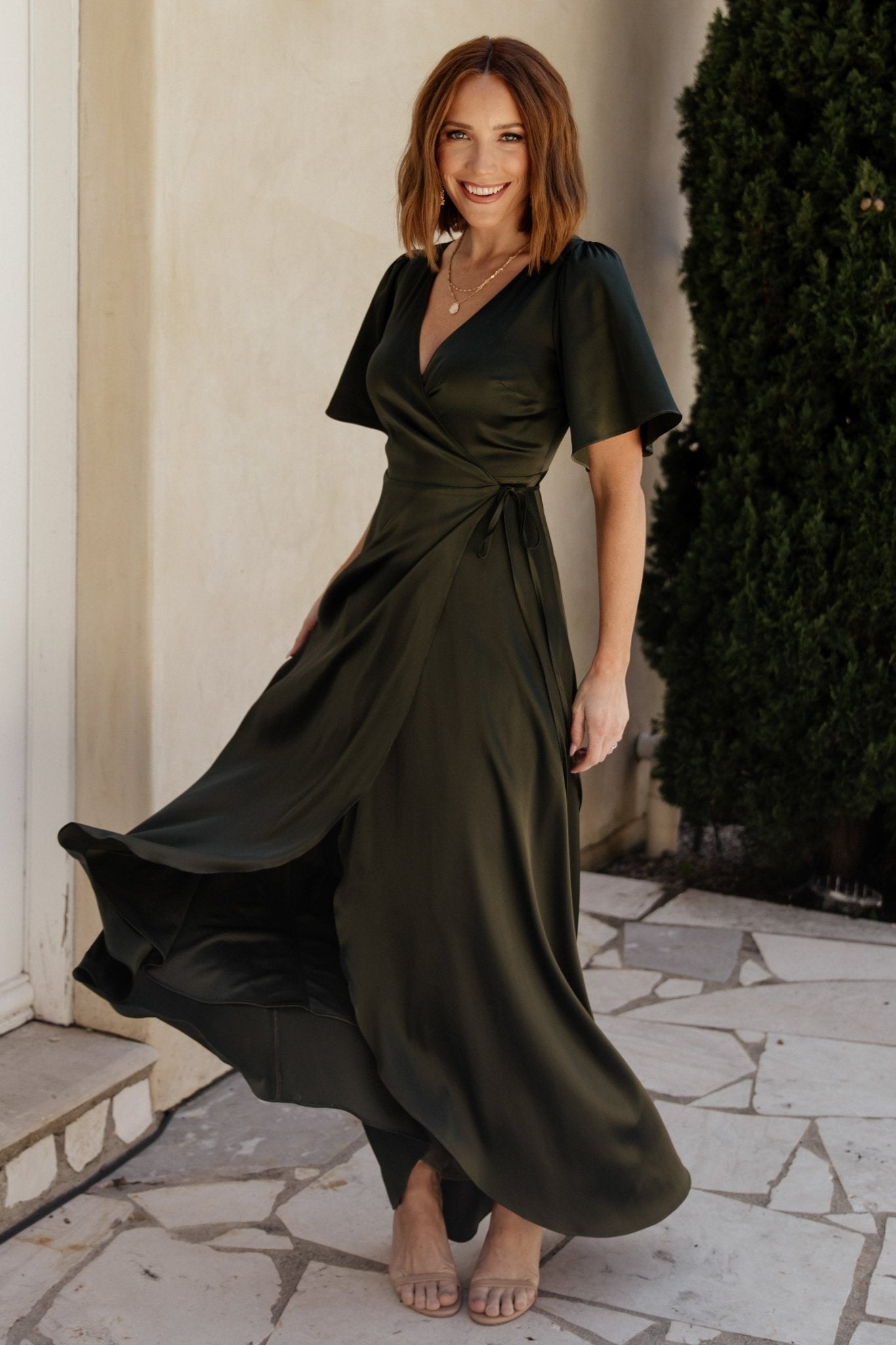 Vara Satin Maxi Wrap Dress | Dark Olive | Baltic Born