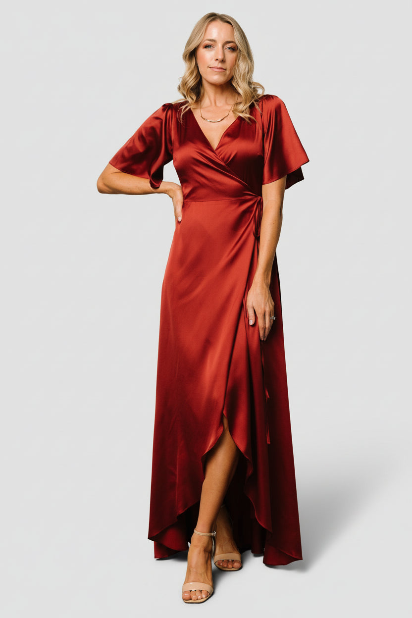 Baltic Born Womens Vara Satin Maxi Wrap Dress | Terracotta