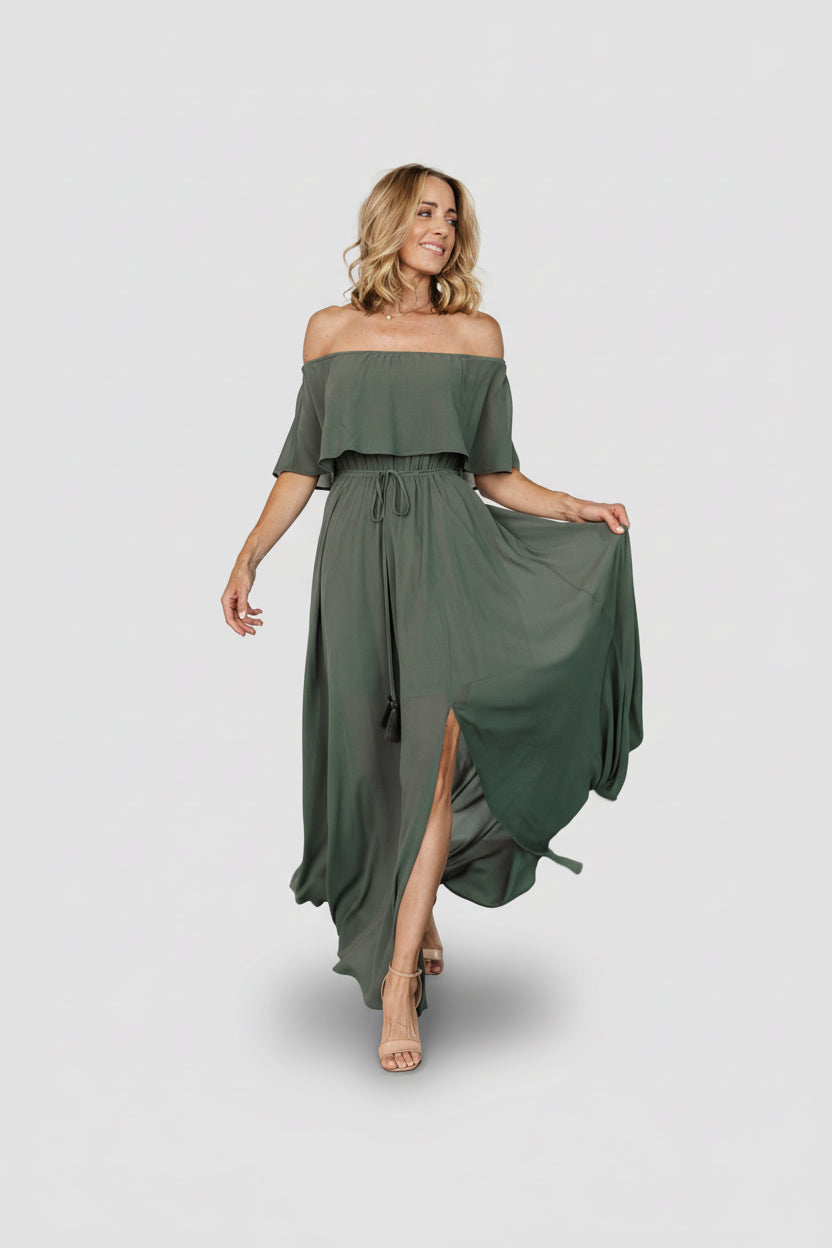 Victoria Off Shoulder Maxi Dress | Dark Sage