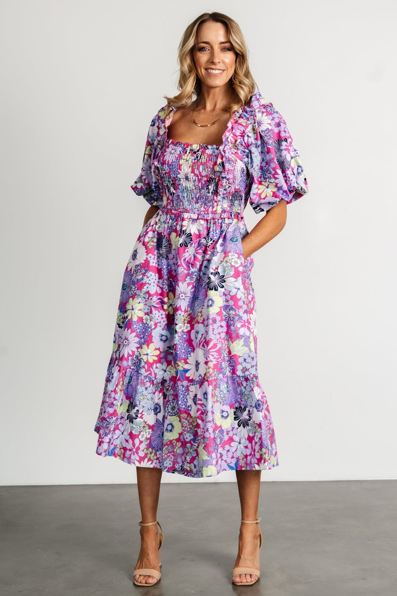 Wendy Puff Sleeve Midi Dress | Fuchsia Multi