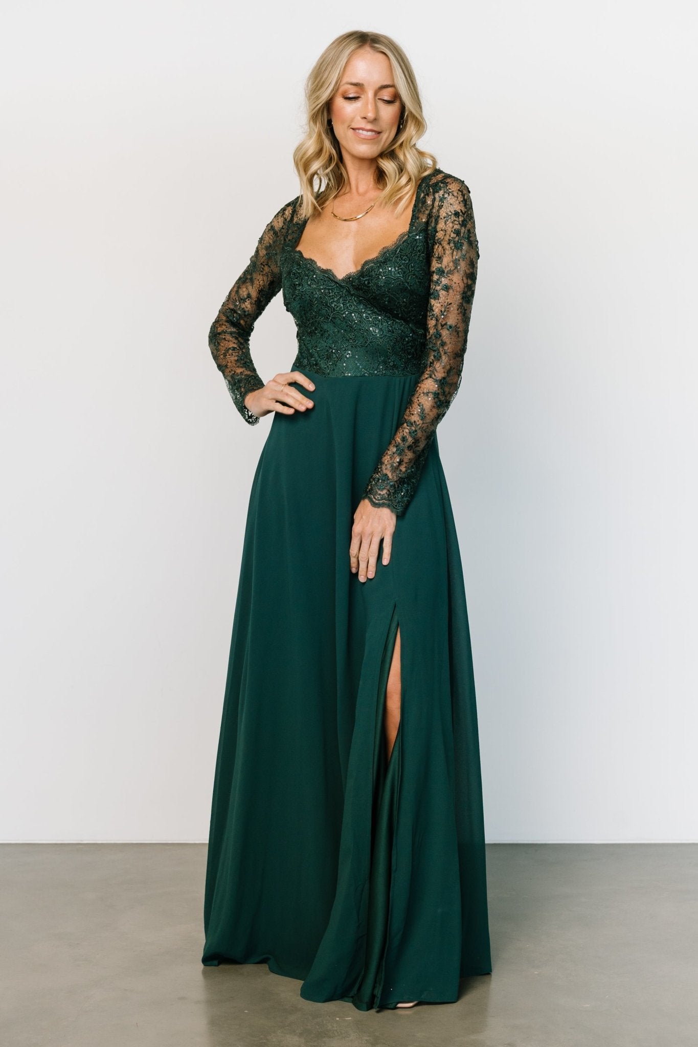 Layalina Dark Green Maxi Dress With Long Sleeves - TAHLIRA