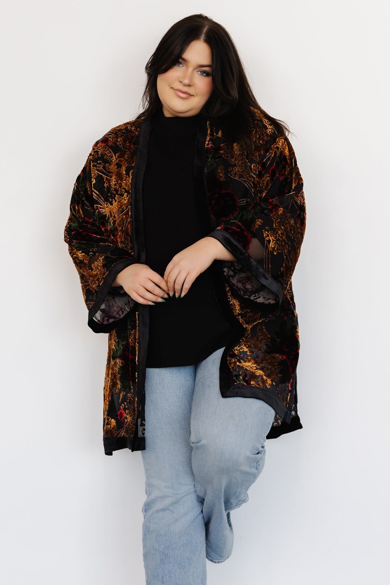 Plus Size Mother of Bride Kimono Jacket Eden Silk Velvet Burnout Black 34 -  36